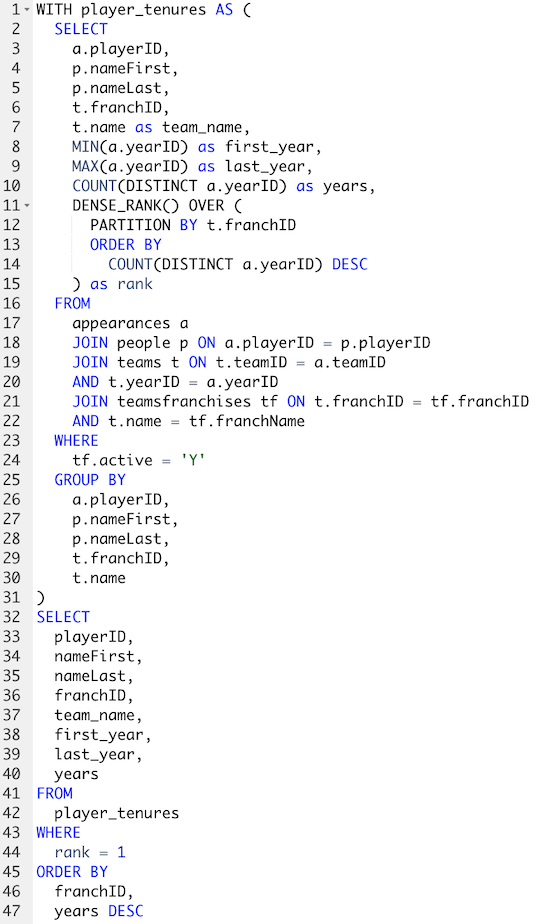 longest tenure player by team example query